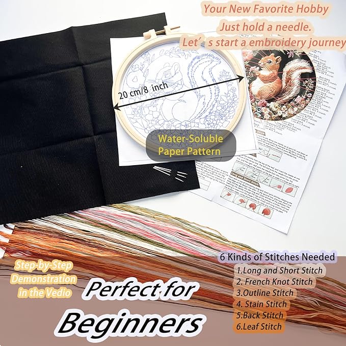 FONNUY Funny Squirrel Floral Embroidery Kit, Cross Stitch Kits for Beginners, Handmade Crafts with Printed Patterns for Beginner Adults, Easy to Follow Color Thread Needlework, 8'' Hoop (Funny)