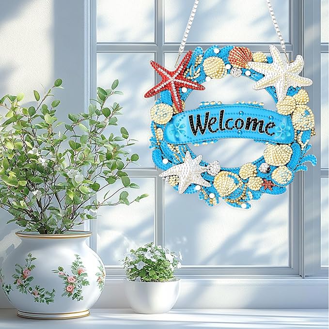 TOSTOG Hanging Diamond Art Kits for Adults, Welcome Sign Diamond Paintings for Adults, Diamond Art Kits Window Pendan, 5D Diamond Paintings Hanging Pendant Kit Wall Decor Gift
