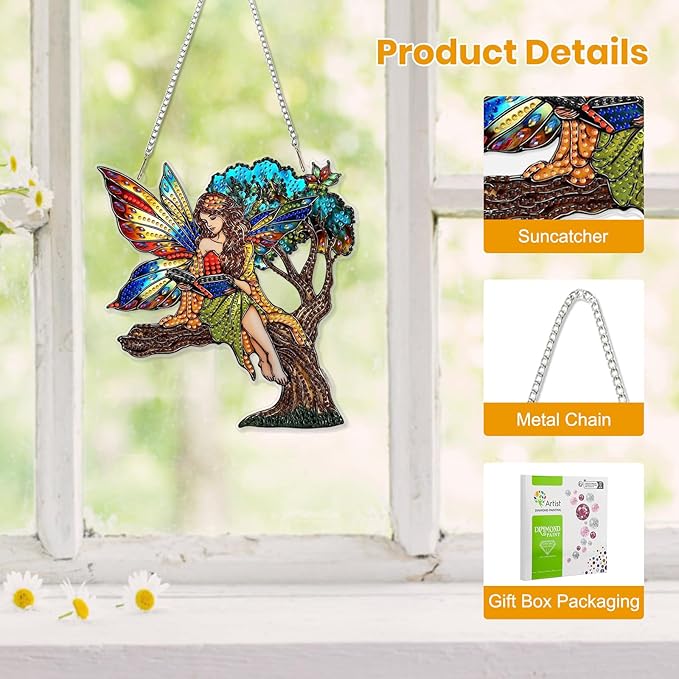 EOBROMD Diamond Hanging Art Kits for Adults, Fairy on Tree Diamond Art Painting Suncatcher, DIY Special Shaped Rhinestone Kits for Adults, Window Pendants Home Garden Wall Hanging Ornament