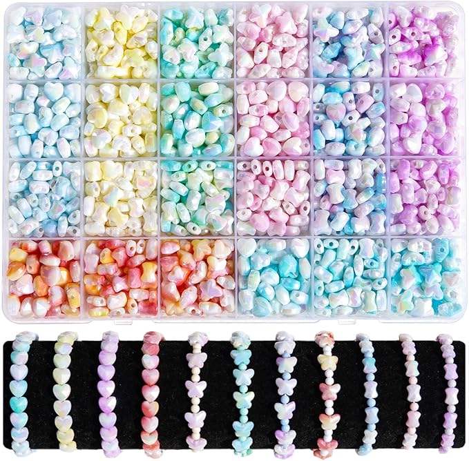 1280Pcs Acrylic Beads for Jewelry Making - Assorted Butterfly Heart Beads & Gradient Pastel Beading Kit Aesthetic Charms for DIY Bracelet Making, Kandi Charms, Friendship Bracelets & Craft