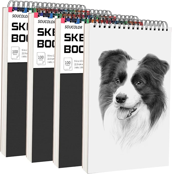 soucolor artist 9x12 sketch book set, 4 pack 100-sheet spiral drawing pads (68lb/100gsm) | acid-free drawing paper for adults art supplies, charcoal, graphite, pastel pencils & sticks