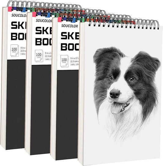 soucolor artist 9x12 sketch book set, 4 pack 100-sheet spiral drawing pads (68lb/100gsm) | acid-free drawing paper for adults art supplies, charcoal, graphite, pastel pencils & sticks