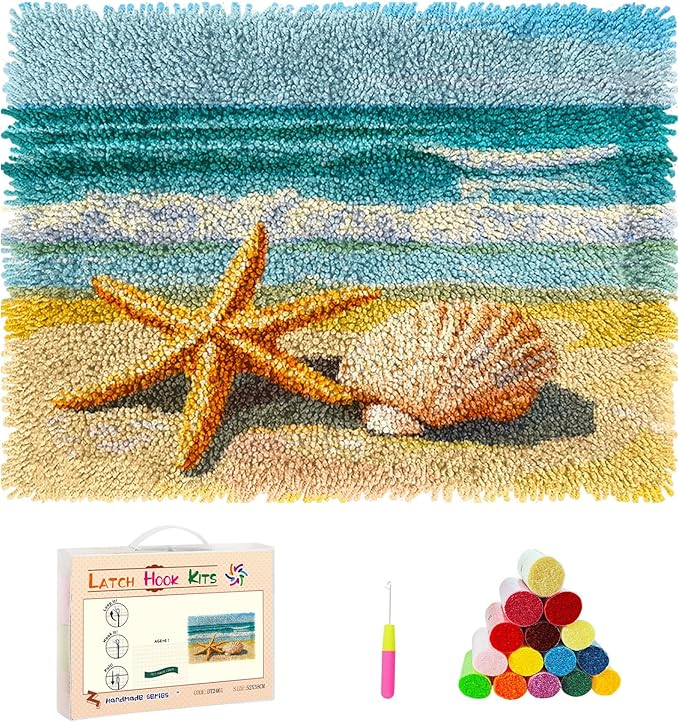 DIY Rug Latch Hook Kits Seaside Beach Starfish and Shells Stamped Non-Slip Mat Crochet Yarn Hook and Latch Emboridery Tapestry for Home Floor Decoration Pet Warm Cushion 52x38cm(3)