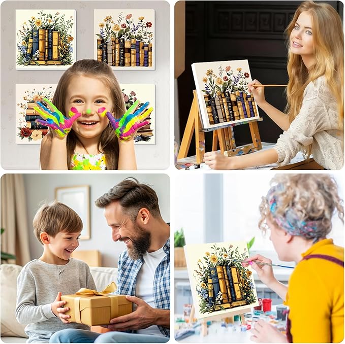 Lxmsja 4 Pack Floral Library Paint by Numbers Kit for Adults, Easy Framed Paint by Numbers for Adults Beginner, DIY Acrylic Oil Painting Craft Kits for Home Wall Decor 8x8 inch
