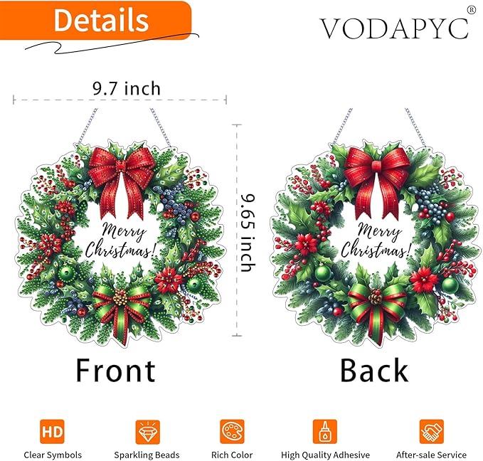 VODAPYC Christmas Wreath Diamond Art Hanging Kit for Adults, DIY Double Sided Special Shaped Diamonds Art Window Pendant Ornament for Home Decor(Christmas Wreath-1)