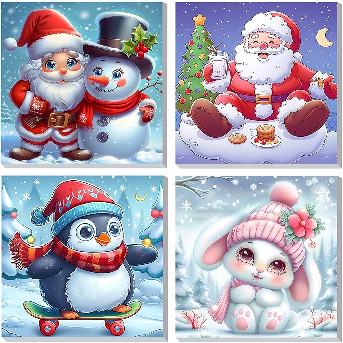 DOMROM 4 Pack Framed Paint by Numbers Snowman for Kids Beginners, Adult Paint by Number Kits Penguin on Canvas, Acrylic Number Painting Christmas Craft Kits for Gift Home Decor 8x8in