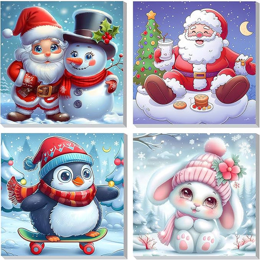 DOMROM 4 Pack Framed Paint by Numbers Snowman for Kids Beginners, Adult Paint by Number Kits Penguin on Canvas, Acrylic Number Painting Christmas Craft Kits for Gift Home Decor 8x8in