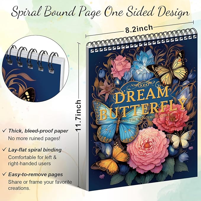 Adult Coloring Book for Women Relaxation Spiral Bound Thick Paper Page One Sided Design Gifts Arts and Crafts for Women to Relax, Anxiety and Depression 30 Colorful Coloring Pages of Dream Butterfly