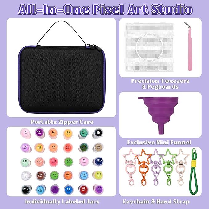2.6mm Fuse Bead Kit, 30 Colors Perler Beads Kits Arts and Crafts Supplies for Adults, DIY Pixel Art Decorations for Room, Birthday Easter Hobbyist Gift (Purple Perler Bead Kit)