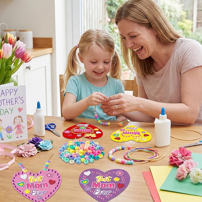 BeYumi Mom Necklace Craft Kit - 24Pcs Mother's Day DIY Foam Heart Best Mom Ever Necklace Making Kit With Gem Sticker DIY Thank You Craft for Kid Home School Classroom Family Party Favor Fun Activities