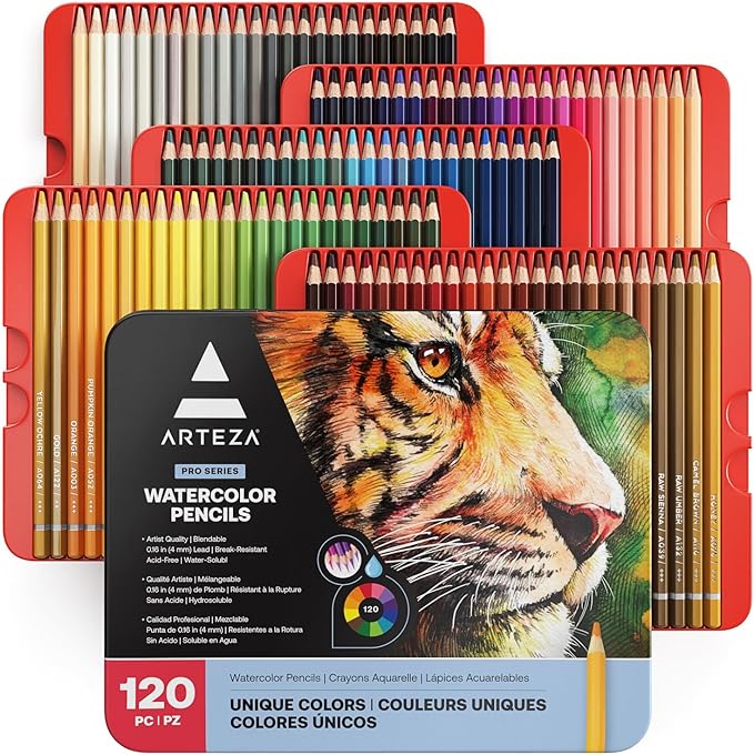 ARTEZA Watercolor Pencils, Set of 120, Water-Soluble Colored Pencils with 4 mm Break-Resistant Core, Pre-Sharpened Tips, and Metal Storage Tin for Blending, Layering, and Wet or Dry Techniques