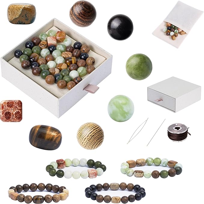 Geezon Navis Bracelet Making Kit - 10mm Natural Stone Beads with Wooden Beads - 48pcs Multicolor - DIY Jewelry Making Starter Kit Adult Men Women Birthday Gift Craft (48, Color A)