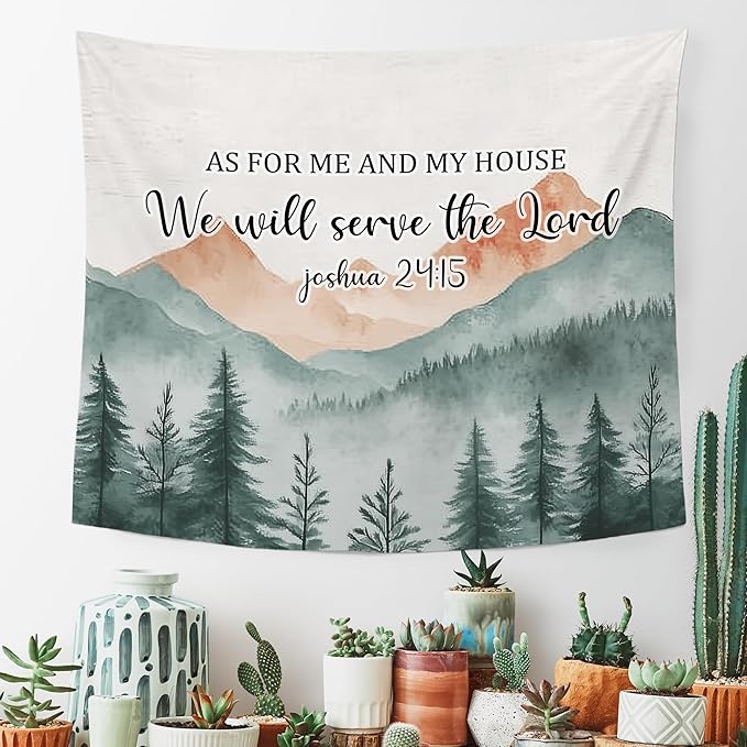 MNASAIOO Christian Mountian Wall Tapestry Hanging for Bedroom, Bible Verse Scripture We Will Serve The Lord Tapestries, Watercolor Religious Wall Decor Banner for Living Prayer Room Church 50x60in