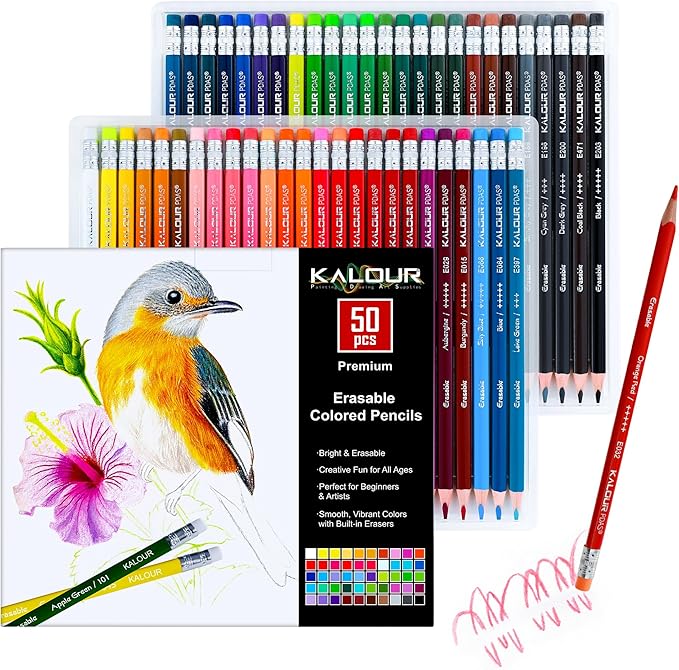 KALOUR 50 Colors Erasable Colored Pencils Set - Easy to Erase, Vibrant and Smooth Coloring Pencils with Erasers - Ideal for Drawing, Sketching, and Coloring Books -Perfect for Adults Beginners Artists
