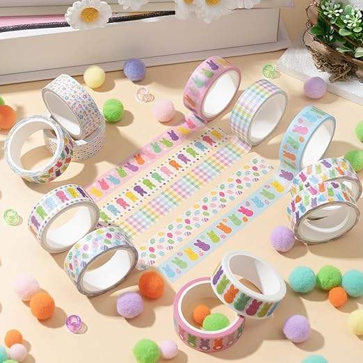 Easter Bunny Washi Tape - 12 Rolls Little Pastel Marshmallow Rabbit Designs, Residue Free, Easy Tear Paper for Spring Scrapbooking, Gift Wrapping, Holiday Card Making & Classroom Crafts
