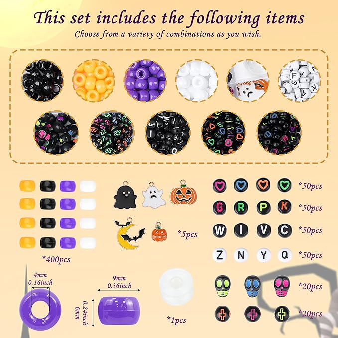 XIANNVXI 10Colours Halloween Pony Letter Beads Set Bracelet Making 640pcs Orange Purple White Letter Pony Beads