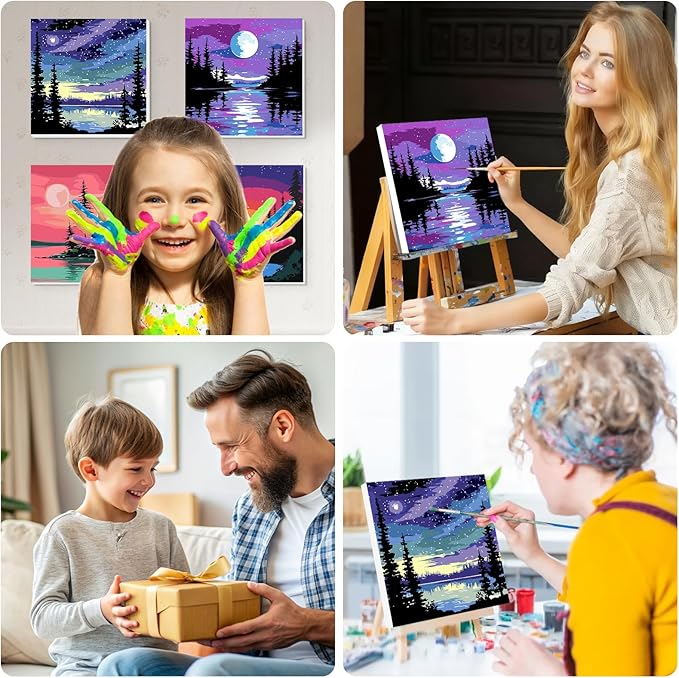 Lxmsja 4 Pack Fantasy Moon Lake Paint by Numbers Kit for Adults, Easy Framed Paint by Numbers for Adults Beginner, DIY Acrylic Oil Painting Craft Kits for Home Wall Decor 8x8 inch