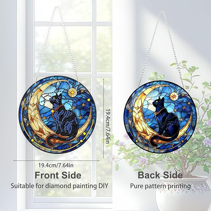 TOSTOG Cat Diamond Art Hanging Kits for Adults, Cat on the Moon Diamond Painting for Adults Window Pendant,Special Shape Diamonds Diamond Painting Hanging Pendant Kit for Wall Home Decor Gift