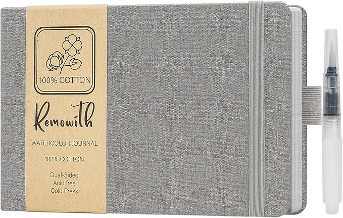 Watercolor Journal Sketchbook, 5.5" x 8.2" Sketch Books Artist Cotton Watercolor Paper Notebook, Linen Cover with Tap Water Pen, 24 Sheets 140 LB, 300 GSM for Travel Sketching On The Go Art