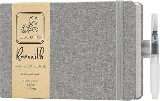 Watercolor Journal Sketchbook, 5.5" x 8.2" Sketch Books Artist Cotton Watercolor Paper Notebook, Linen Cover with Tap Water Pen, 24 Sheets 140 LB, 300 GSM for Travel Sketching On The Go Art