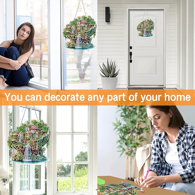 Ginfonr Diamond Painting Kits Hanging Pendant, Landscape Diamond Art Kits for Adults, Special Shaped Rhinestone Shells Diamond Art, Double Sided Home Hanging Kits for Garden Wall Window (8 x 8inch)