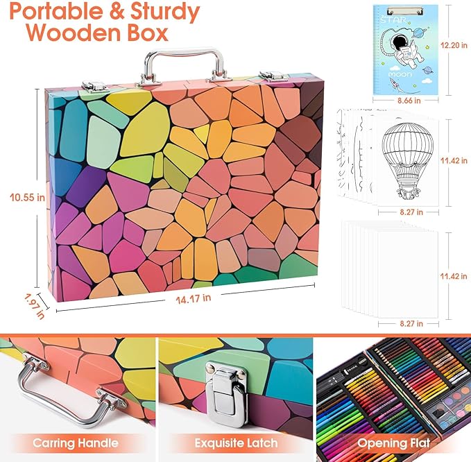 Art Supplies, 180 Pack Drawing Painting Set for Kids Girls Boys Teens, Coloring Art Kit Gift Case with Clipboard, Coloring Papers, Oil Pastels, Crayons, Colored Pencils, Watercolor Cakes, Markers