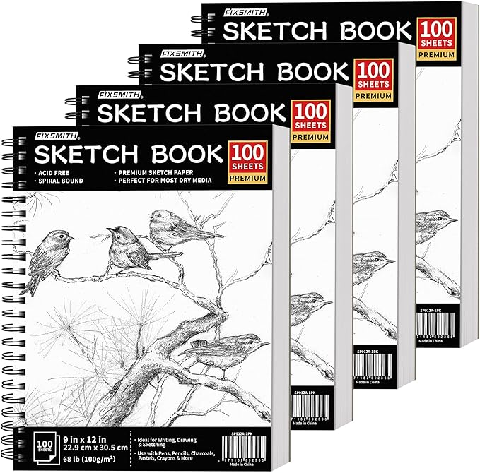 fixsmith 9"x12" sketch book | 400 sheets (68 lb/100gsm) sketchbook| 4 pack (100 sheets each) |acid free drawing paper | spiral bound sketchpad for beginners,artists & professionals | bright white