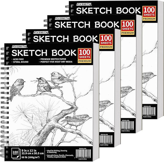 fixsmith 9"x12" sketch book | 400 sheets (68 lb/100gsm) sketchbook| 4 pack (100 sheets each) |acid free drawing paper | spiral bound sketchpad for beginners,artists & professionals | bright white