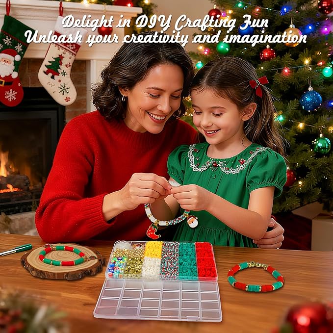 Redtwo Christmas Beads for Bracelets, 3000 Pcs Clay Beads Bracelat Making kit Golden Beads Christmas Crafts Decorations Charms for Jewelry Making, Gifts for Teen Girls Age 6-12
