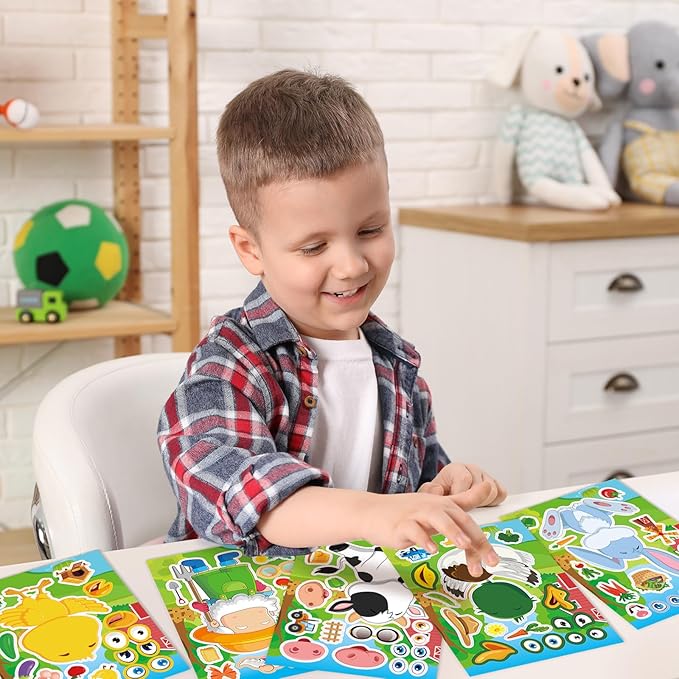 24 sheets 8.27''×5.9'' make your own farm animals stickers for kids toddlers, make a face stickers for kids party favors activities