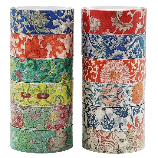 Berkin Arts 12 Rolls Art Floral Designs Washi Tape Set - 15 mm Wide Decorative Adhesive Masking Tape Cloisonnism for Bullet Journal Colorful Damask Pattern Intricate Colorful Owen Jones Series