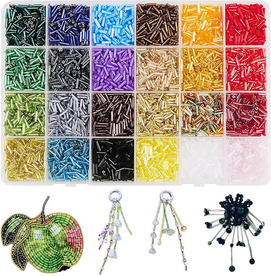 24 Colors 7.6 Oz Tube Beads Kit, 0.24 Inch × 0.08 Inch Glass Bugle Seed Small Craft Beads, for DIY Bracelet Necklaces Jewelry Making Embroidery Decoration