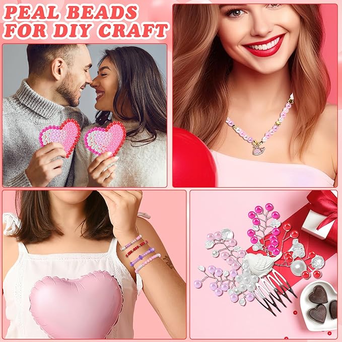 UPINS 1200Pcs Valentines Day Pearl Beads,Red Pink White Beads for Jewelry Making Bracelets 6mm Wedding Party Decoration Necklace Earrings Hair Beads DIY Crafts Supplies
