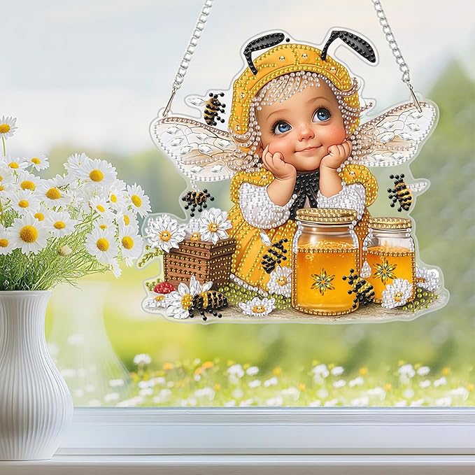 NEWENMO Diamond Art Hanging Kit for Adult, Whimsical Bee Fairy, DIY Double Sided Acrylic Special Shaped Diamond Art Painting Window Pendant Cute Honey Bee, Home Garden Wall Hanging Ornament Kits