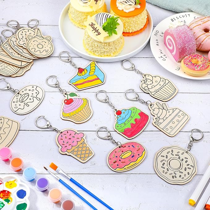Trnayi 36 Pcs Dessert Craft Color Your Own Sweet Treat Keychains Unfinished DIY Coloring Ice Cream Wooden Donut Cupcake Crafts Blank Wood Painting Kits for Summer Art Donut Party Favors
