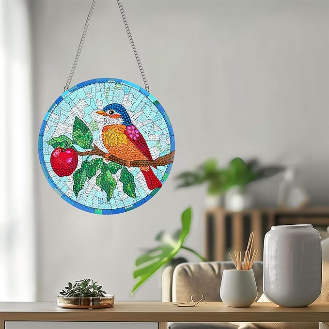Bimkole Bird Diamond Art Hanging Kit for Adult, DIY 5D Diamond Art Flower Window Pendant, Acrylic Crystal Art Hanging Ornament Home Wall Garden Front Door Sign Outdoor Decor 7.8x7.8 Inch