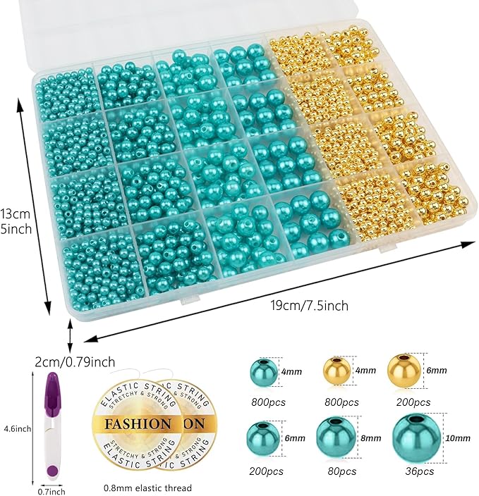 2116 PCS Pearl Beads for Bracelet Making Kit Gold Beads for Jewelry Making Kit Gold Small Spacer Bead Lake Blue Pearl Bead for Crafting Charms Necklace Earrings DIY Craft for Women Adult