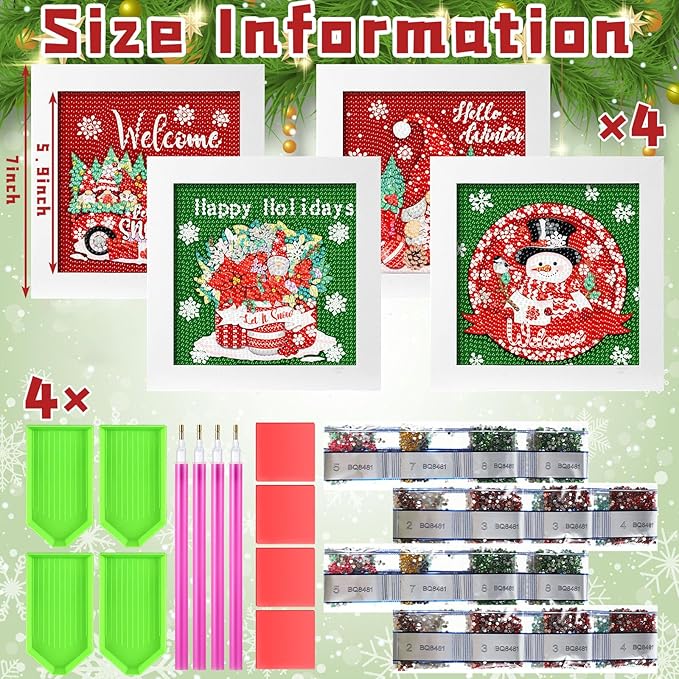 Geyoga 4 Pcs Christmas Diamond Painting Kits with Frame Christmas Snowman Gnome Diamond Art Kits for Adults Beginner Kids DIY Arts and Crafts Rhinestone Gem Art Home Wall Table Decor Gift 7 x 7 Inch