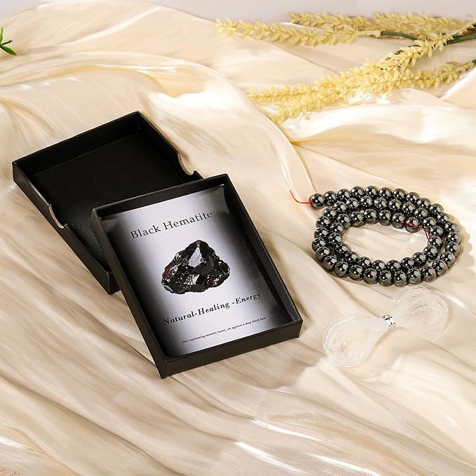 Song Xi 90pcs 4mm Natural Black Hematite Stone Beads for Jewelry Making, Gemstones Beads Bracelet for Necklace Earring Keychain, with Jewelry Box and Elastic for Christmas Wedding Birthday Gift