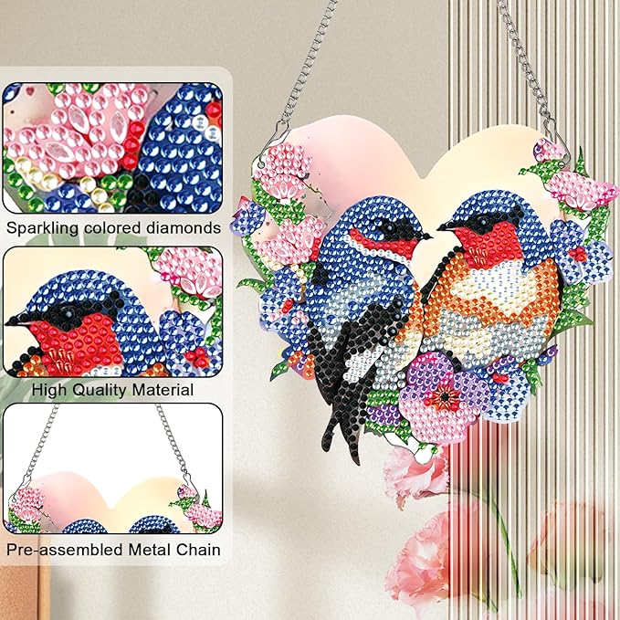 Diamond Art Painting Hanging Kit for Adults, Heart-Shaped Romantic Love Birds DIY Diamond Painting Acrylic Ornament, Diamond Art Pendant Window Suncatcher Wall Door Home Decor