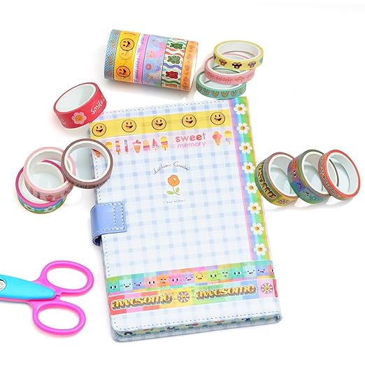 YUBX Cute Cartoon Washi Tape Set 16 Rolls Bright Colors Kawaii Masking Graphic Decorative Tapes for Arts, DIY Crafts, Journals, Planners, Scrapbook, Wrapping