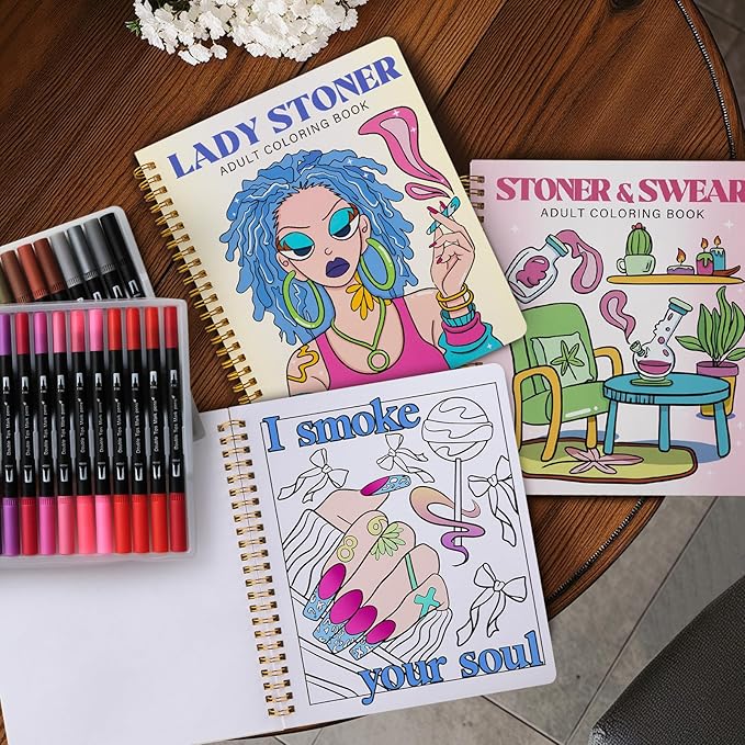 Stoner Coloring Book for Adults Relaxation - 2 pcs Cozy Weed Girl Moments Coloring Book for Women with Markers - Funny Stress Relief Self Care Gifts - Get Well Gifts After Cancer Surgery