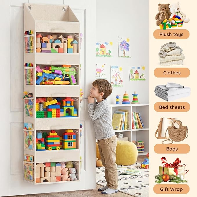 Ofiray-home Hanging Yarn Storage Organizer with 5 Drawers, Over the Door Large Capacity Knitting Organizer Storage&10 Mesh Side Pockets, Hanging Yarn Holder for Knitting Needles, Crochet Hooks- Beige