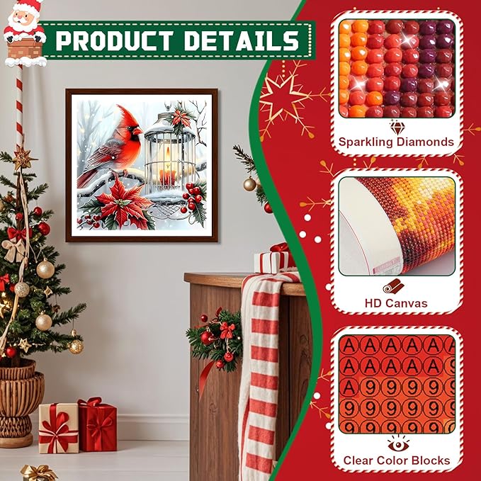 EMIEAUFG Christmas Diamond Art Kits for Adults, Winter Cardinal Diamond Paiting Kit for Beginners, 5D DIY Round Full Drill Craft Diamond Dot Gem Art, Home Wall Decor 12" x 12"