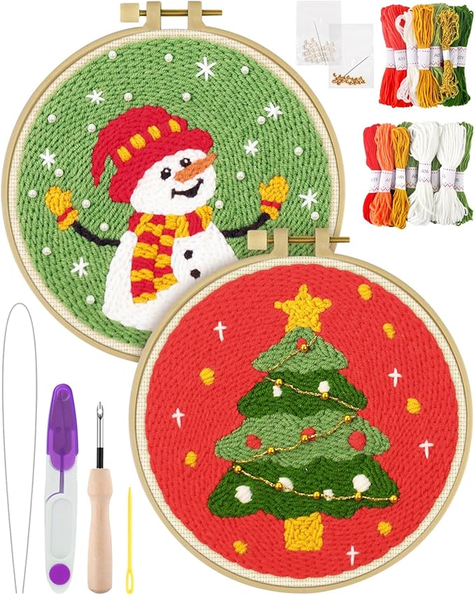 ERKOON Christmas Punch Needle Kit Adults Beginners, 2 Pcs DIY Easy Embroidery Set for Starter Art Craft, Needling Punch Project with Patterns, Tools, Yarns, Hoop, Instruction (ChristmasTree & Snowman)