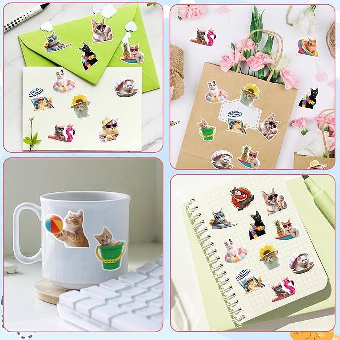h1vojoxo summer cats sticker rolls - 1000pcs hawaii cat stickers for kids 16 designs waterproof beach cats stickers for water bottles laptop scrapbook crafts envelopes gifts cute sticker for cat lover