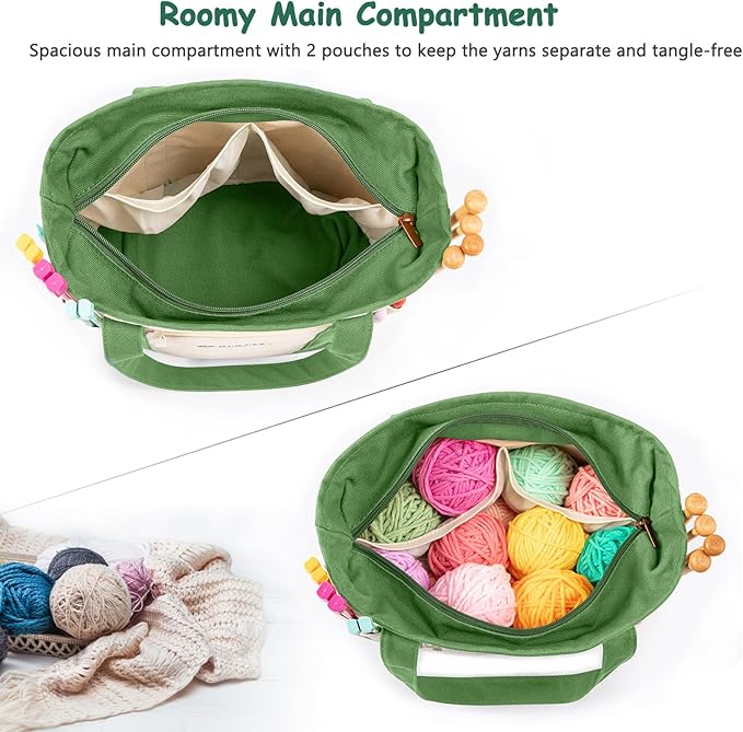 Canvas Yarn Storage Organizer Bag Washable Crochet Bag with Pockets for Yarn, Hooks, Needles – Travel Knitting Tote for Crafters – Gift for Crocheters & Knitters (Medium/Large)