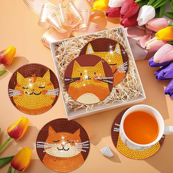 EWJRNSF 6 PCS Diamond Painting Coaster Set - Small Diamond Painting Coasters Kit for Beginners and Adults - Art Craft Supplies Item Cat