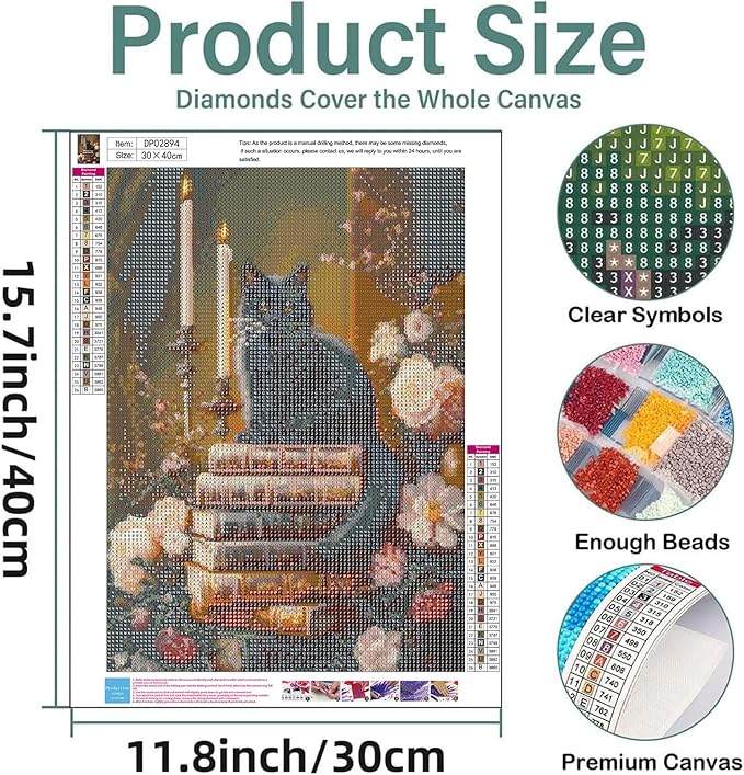 EIBEILI Vintage Cat Diamond Art Kits for Adults Beginners, DIY Vintage Book Diamond 5D Paint with Diamonds Pictures Gem Full Drill Diamond Dots Crystal Kits for Home Wall Decor Gifts 12x16in