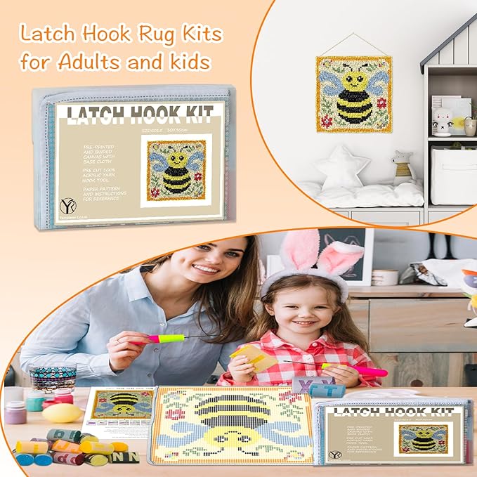 YP Small Latch Hook Kits Rug Bee Crochet Yarn Cushion Colour Pre-Printed Canvas Rug Needlework DIY Embroidery Craft Latch Hook Kit for Beginner,12'' X12''